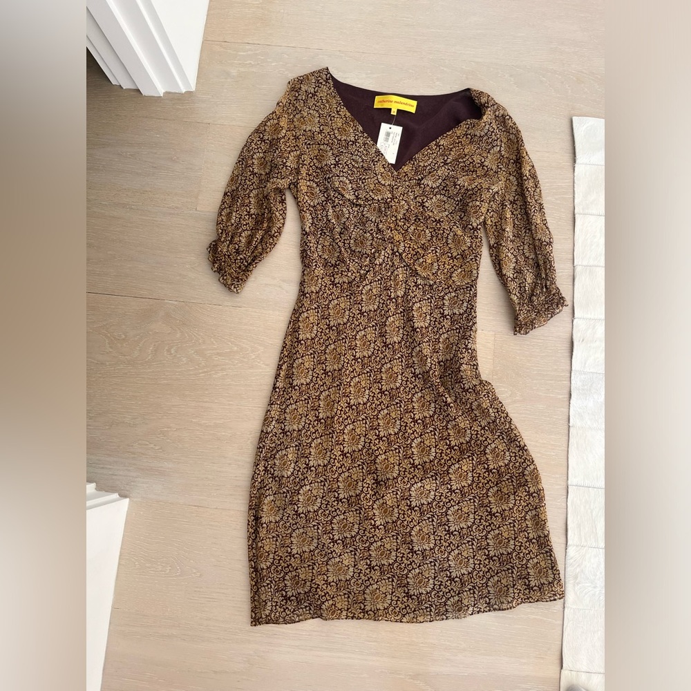 NWT Catherine Malandrino long brown dress with brown floral designs size 4